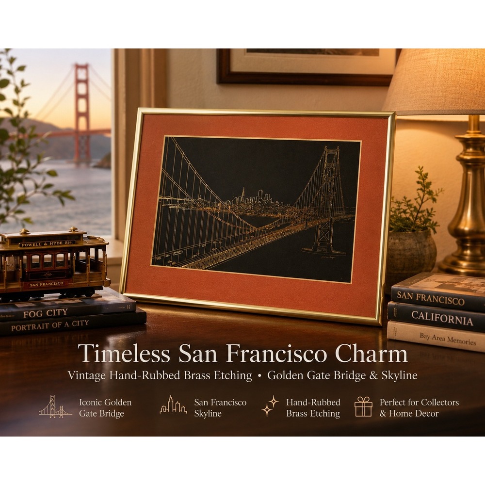 Echoe Etchings International Golden Gate Bridge Brass Etching SF Skyline Framed
